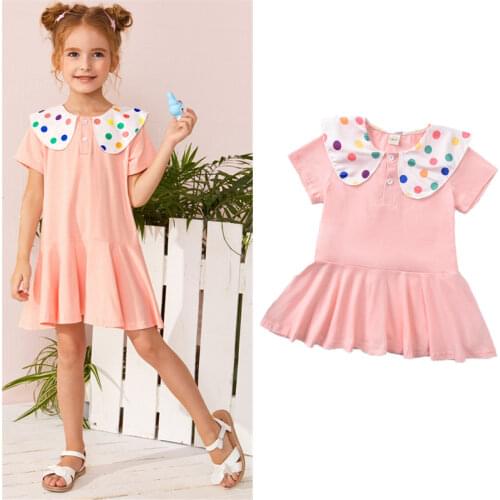 2021 New Toddler Baby Girls Dresses Cute Polka Dot Collar Soft Cotton Pink Solid Dress Summer Children Outfits 6M-5Y