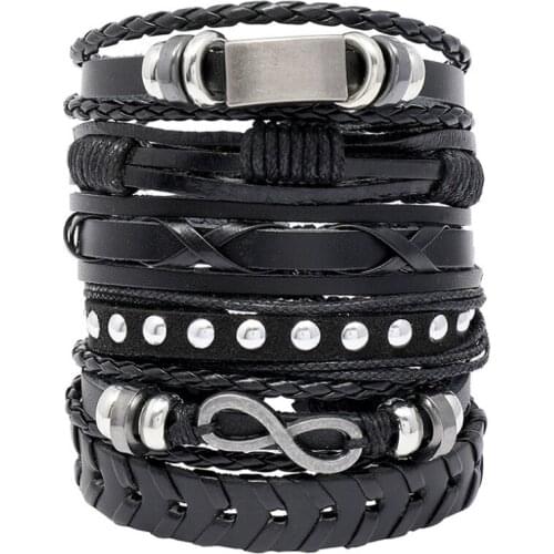 Punk Fashion Men Black Leather Bracelets Set Vintage Infinity Rivets Multilayer Charm Bangle Wrap Wristbands Hippie Rock Jewelry