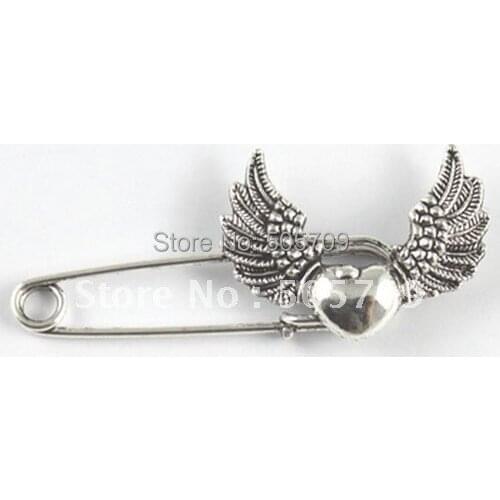 Whole Sales 30PCS Tibetan silver heart wing Safety Pin Brooch A15546