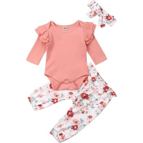 Toddler Baby Girl Clothes Autumn Long Sleeve Ruffles Romper + Floral Pants +Headband Set Suit Infant Fall Outfits