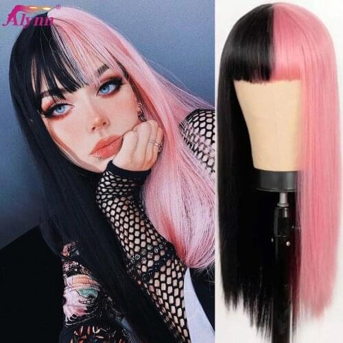 Alynn Half Black Half Pink Wig For Black Women Long Straight Synthetic Pink Hair Wigs With Bangs Heat Resistant Cosplay Wigs