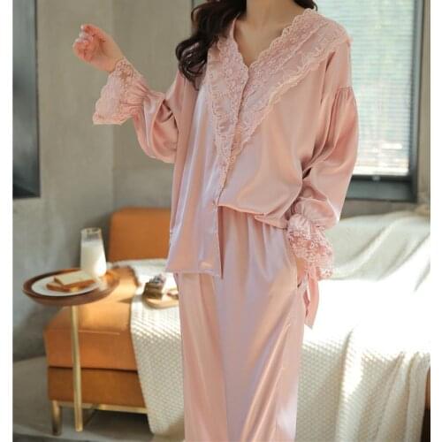 Pink Women Lace V-Neck Pajamas Sleep Suit Satin Summer New 2PCS Sleep Set Elegant Sleepwear Soft Casual Home Wear Pyjamas