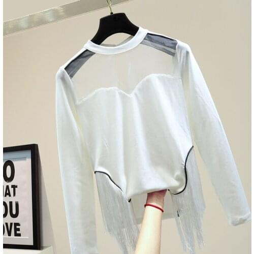 Sexy Mesh Stitching Hollow T-shirt Women 2020 Sutumn Cloth Slim Fit Temperament Tassel Elastic Shirt Ladys T-shirt Tops