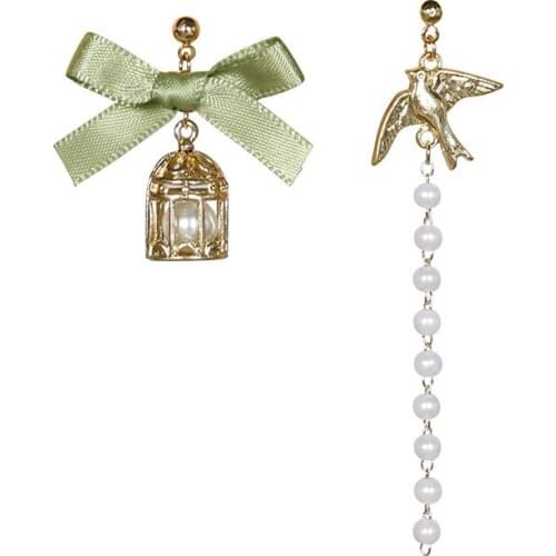 Chinese Style Retro Bird Cage Bird Asymmetric Ear Clips Ribbon Bow Long Pearls Tassel Clip Earrings Without Piecing for Female