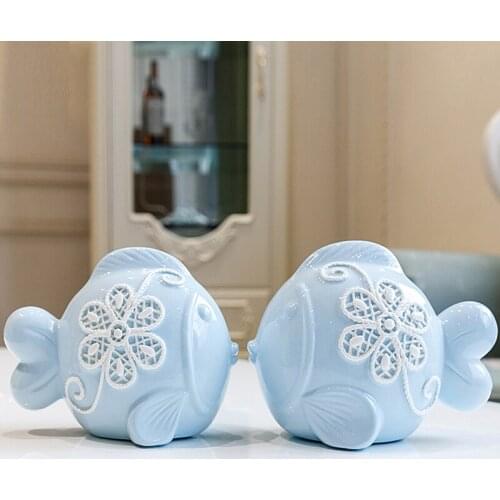 High Quality Blue Jade Porcelain Kissing Fish living Room Decoration Home Furnishing installed Creative Gift Lovers Kiss Fish