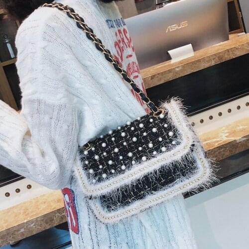 BENVICHED women bag 2021 new Wool handbag slanting single shoulder fashion chain pearl simple small square bag c227