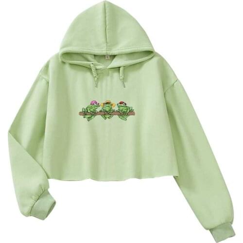 Three Frogs Womens Hoodie Crop Top Women Winter Clothes Women Kawaii Top Graphic Sweatshirt Streetwear Jacket Kawaii Pullover