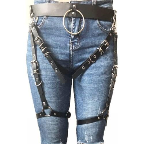 New Punk Rave Holographic Harness Body Leg Harness Fetish Lingerie Women Gothic Belts Garter Belt Black Leather Leg Straps