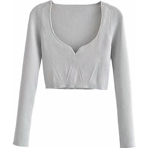 SHEROUSE Women Fashion Cropped Knit Sweater Top Casual Heart-neck Long sleeves Woman Slim-fit Tight Knitwear Pullover Tops