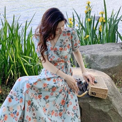 2021 New Women Summer Sweet Long Floral Wrapped Dress Lacing Up V Neck Puff Sleeve Slim Waist A-line Sundress