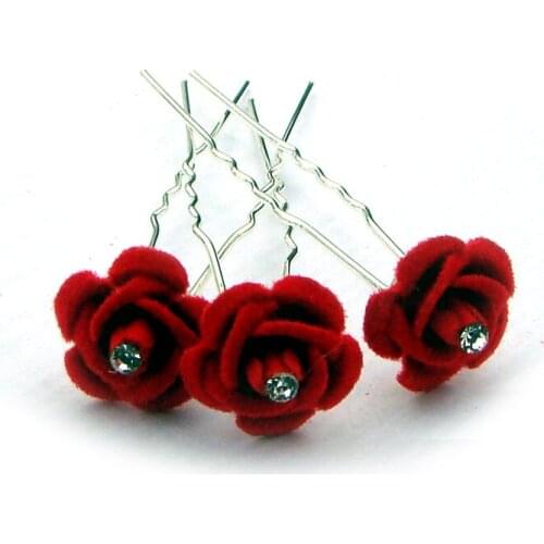 New Crystal Red Fabric Rose Charm Headwear Stick Fashion Hair Fork Ornament Jewelry Accessories 12pcs lot