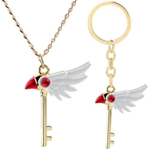 Card Captor Sakura Key Chain Necklace Kinomoto Sakura Star Wand Key of Clow Mirror Bird Head Pendant Choker Chain Anime Jewlry