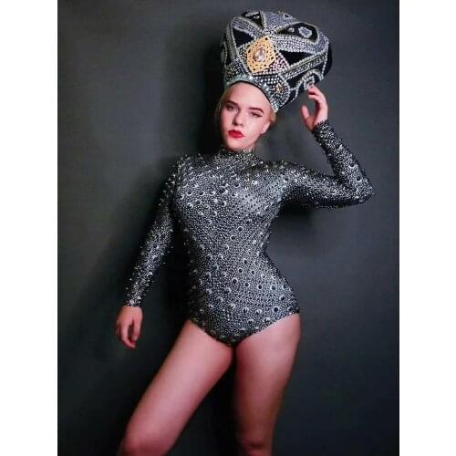 Black Rhinestones Rivets Sexy Bodysuit Female Singer Show Nightclub Outfit Bar Dance Prom Party Stretch Clothes
