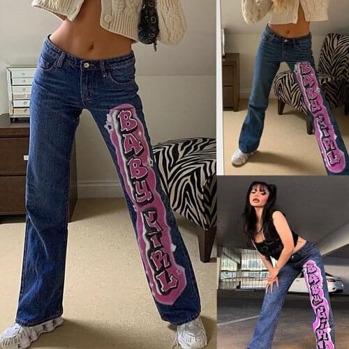Baby girl womens personalized Street letter print mid waist casual jeans, versatile fashion SAGACE spodnium 2021