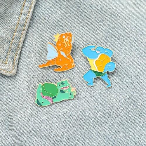 Exsice Strong Animal Enamel Pins Fitness Elf Tortoise Brooches Bag Lapel Pin Green Blue Orange Badge Jewelry Gift for Kids
