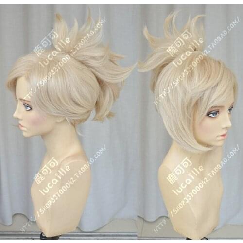 Game OW Angela Mercy Short Linen Blonde Ponytail Heat Resistant Cosplay Costume Wig