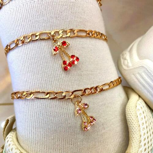 JJFOUCS 2Pcs/Set Fashion Cute Crystal Cherry Simple Anklet for Women Gold Color Copper Chain Anklet 2020 Boho Beach Foot Jewelry