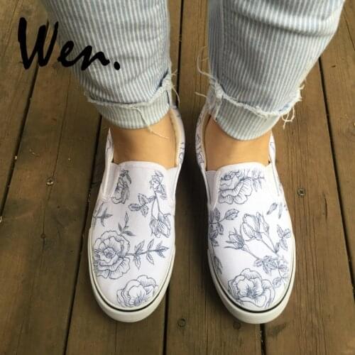 Wen Original Hand Painted Shoes Man Woman Slip On Flat Shoes Design Flowers Plants Pattern White Canvas Sneakers Low Tops