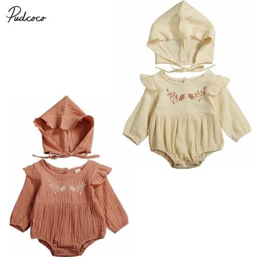 Brand New 0-24M Newborn Baby Girls Cotton Linen Jumpsuit Bodysuit With Hat Winter Clothes Autumn New Floral Embroidery Outift