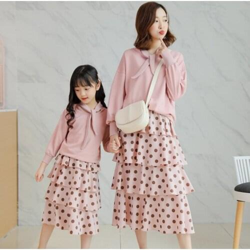 Family Matching Outfits Mother Daughter Hoodies+Dot Printed Skirt Sets 2pcs Family Look Mom Girl Fashion Sweatshirt Suit Clothes