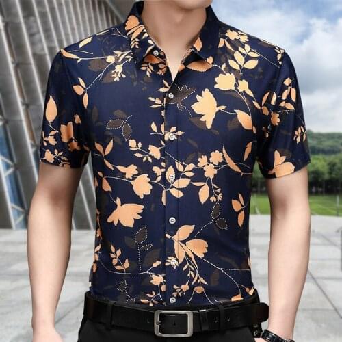Mens Short Sleeve Summer Ice Silk Printing Shirt Casual Button Up Flower Printed Shirts for Men Business Chemise Homme Camisas