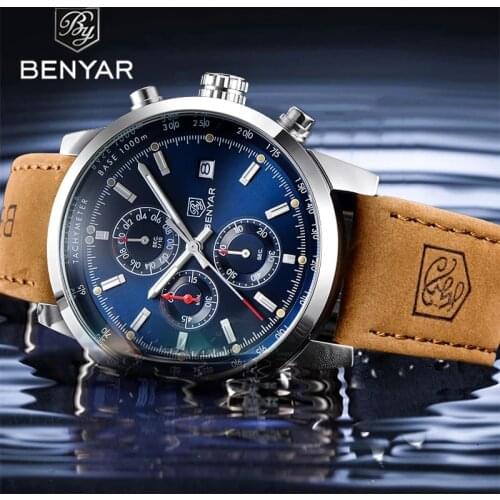 BENYAR Mens Quartz Watches Casual Fashion Leather Strap Waterproof Watch Top Luxury Brand 2021 Wristwatch Mens Automatic Date