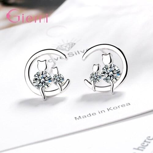 925 Sterling Silver Stud Earring Set For Decoration Women Girls Party Engagement Sparkling Crystal Romantic Cat Shape