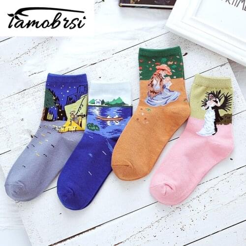 Art Romantic Cartoon Illustration Street Socks Van Gogh Renaissance Oil Paint Cotton Socks Abstract Happy Funny Women Socks