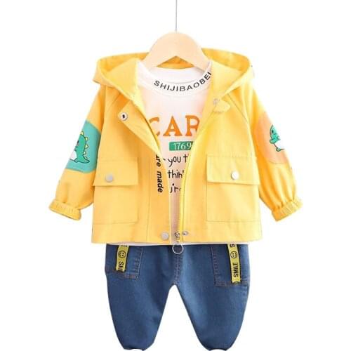 Baby boy spring and autumn new hooded sweater suit boy cartoon dinosaur sweater printing T-shirt jeans casual three-piece suit