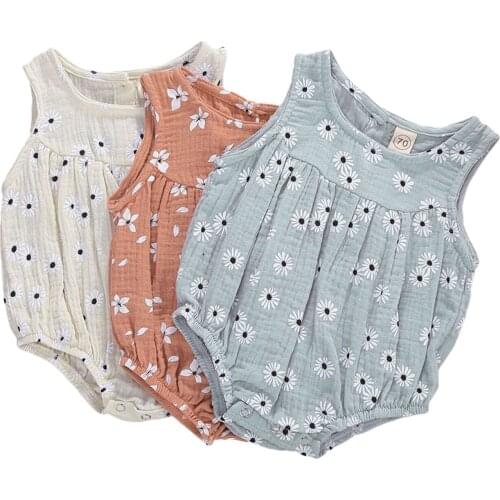 New Summer Infant Baby Cotton Linen Romper Girls Floral Print Sleeveless Soft Playsuit Jumpsuit 0-18Months