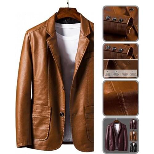 All Match Terrific Single-breasted Business Jacket Cardigan Coat Faux Leather for Daily