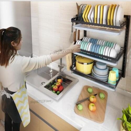 Free punching put the dish rack wall-mounted drying dish drain rack plate tableware storage box stainless steel kitchen rack