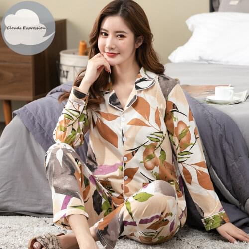Spring Autumn Floral Womens Sleep Lounge Pajamas Long Sleeved Elegant Women Pajama Sets Pyjamas Cotton Sleepwear M-4XL Homewear