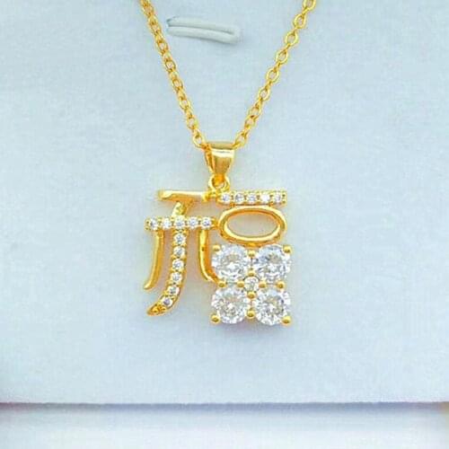 Drop shipping Pure gold color Chinese “blessing” with Cubic Zirconia Pendant necklace for women,Wholesale Fashion women Jewelry