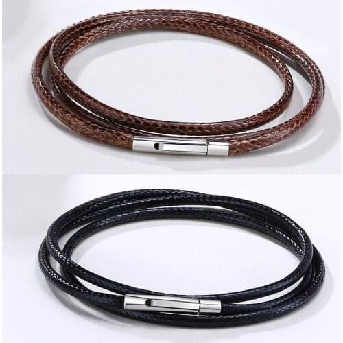 2-3mm Black Brown Leather Cord Necklaces Cord Wax Rope Lace Chain With Stainless Steel Rotary Clasp Jewelry 16-30inch