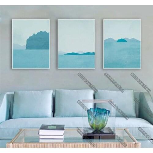 Modern Style Canvas Painting Wall Poster Abstract Landscape Light Blue Sky Sea Mountain and Forest for Home Rooms Wall Decoratio