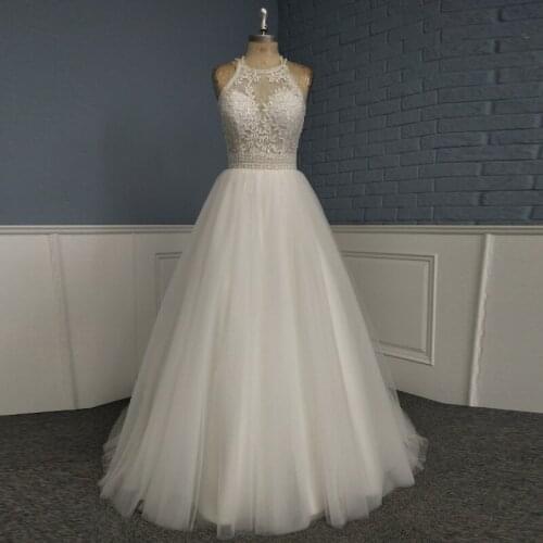 Beading Straps Halter Wedding Dress Criss Cross Back Tulle Skirt Bridal Gown