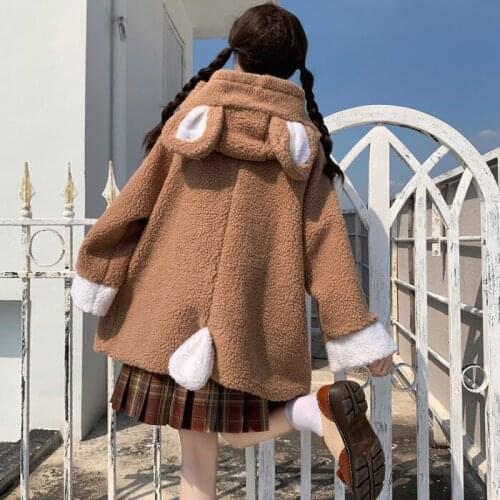 Japanese Style Girls' College Style Loose and Cute Hooded Lamb Wool Thickened Coat Womens Autumn and Winter Warm Cardigan