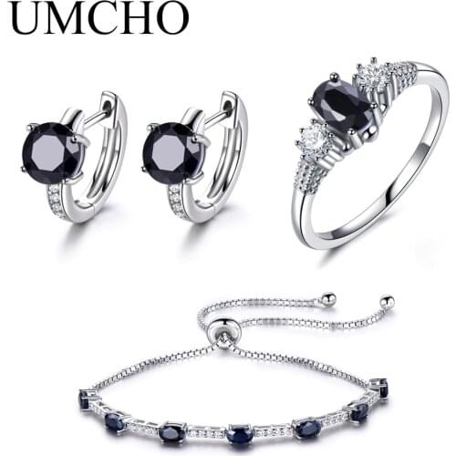 UMCHO Solid 925 Sterling Silver Jewelry Set Natural Black Sapphire Ring Pendant Stud Earrings For Women Brand Fine Jewelry New