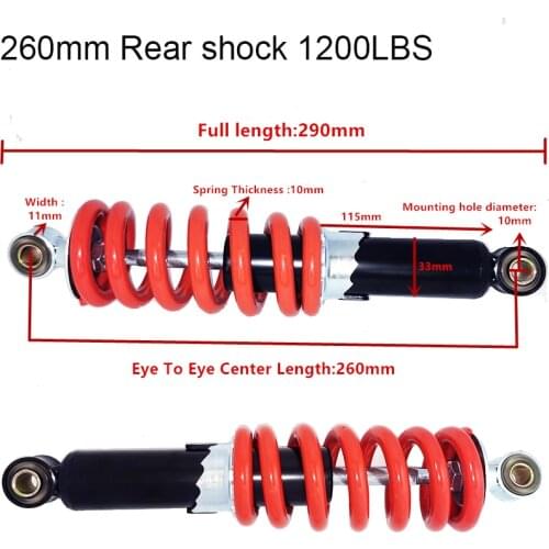Motorcycle Rear 260mm Shock Absorber Suspension 10mm Spring 1200LBS Damper For 50-150cc Scooter ATV Go Kart Buggy Pit Dirt Bike