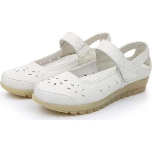 Hot Sale Women White Shoes Flat Shoes Soft Bottom Non-slip Wear Resistant Hollow Genuine Leather Shoes Casual Sandals Flat Shoes