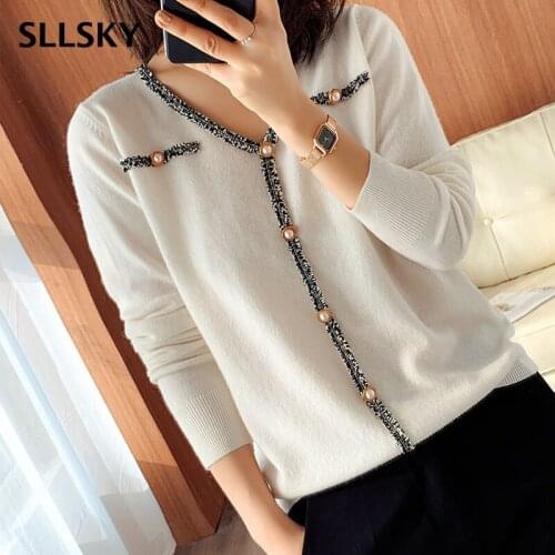 SLLSKY England Style Patchwork Women Sweater 2021 Autumn V-neck Knitted Female Sweater Long Sleeve Button Ladies Loose Sweater