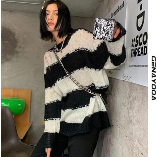Genayooa Striped Sweater Women Long Sleeve Jumpers Knit Sweater Streetwear Y2k Vintage Pullovers Autumn Spring Tops Female