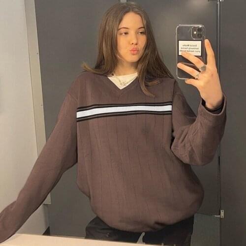 Stripe Knitted Brown Sweatshirt Casual Fashion Loose Patchwork Pullover Autumn Winter 2021 V Neck Long Sleeve Women Sweatshirt