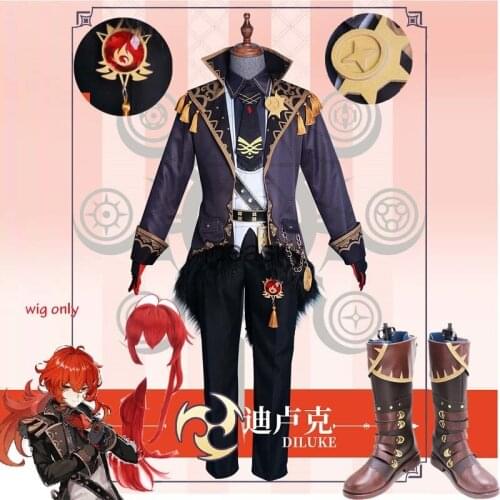 Anime game Genshin Impact Diluc Game Suit Uniform Cosplay Costume Boots shoes Jacket Wig Anime Halloween Party Outfit For Men