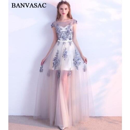 BANVASAC Illusion O Neck A Line Lace Flowers Appliques Backless Long Evening Dresses Party Sash Tulle Prom Gowns