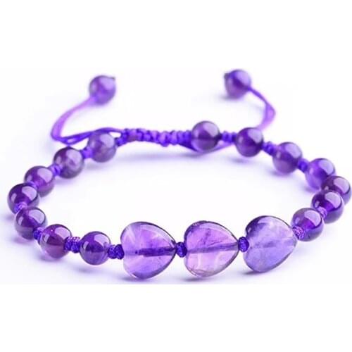 Purple Pink Natural Crystal Bracelets Weaving 8mm Round With Heart shape Beads Bracelet Lucky for Women Romantic Fashion Jewelry