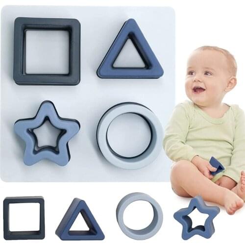 Baby Stacking Building Blocks Silicone Teething Squeezing Shape Sorter Puzzle Montessori Sensory Toys for Babies Toddler