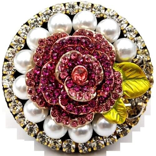 Victorian Style Imitated Pearls Surround Purple-red Crystal Rose Brooches Fabric Background Flower Round Pins Costume Accessory