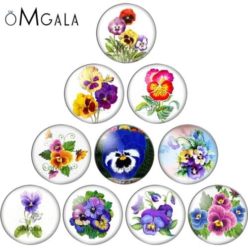 Pansy Flowers Watercolor Painting 10pcs mixed 12mm/18mm/20mm/25mm Round photo glass cabochon demo flat back Making findings
